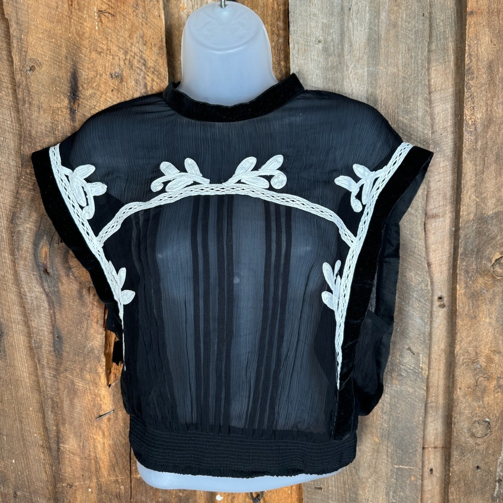 Free People Black Sheer Blouse with White Embroidery- Size Small- NWT